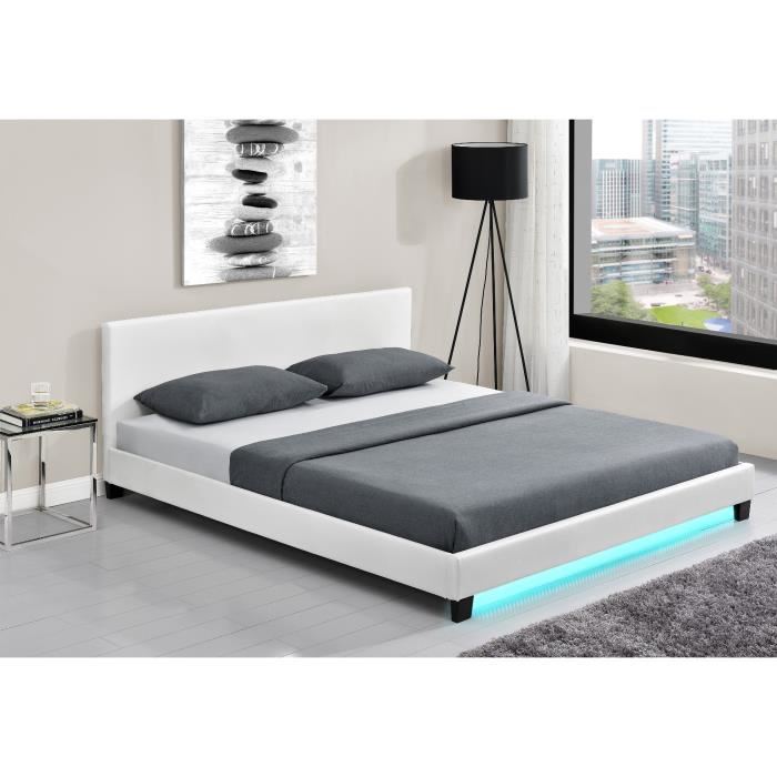 Monaco Lit Adulte Contemporain Avec Led Simili Blanc Sommier Et Tete De Lit Inclus L 140 X L 190 Cm