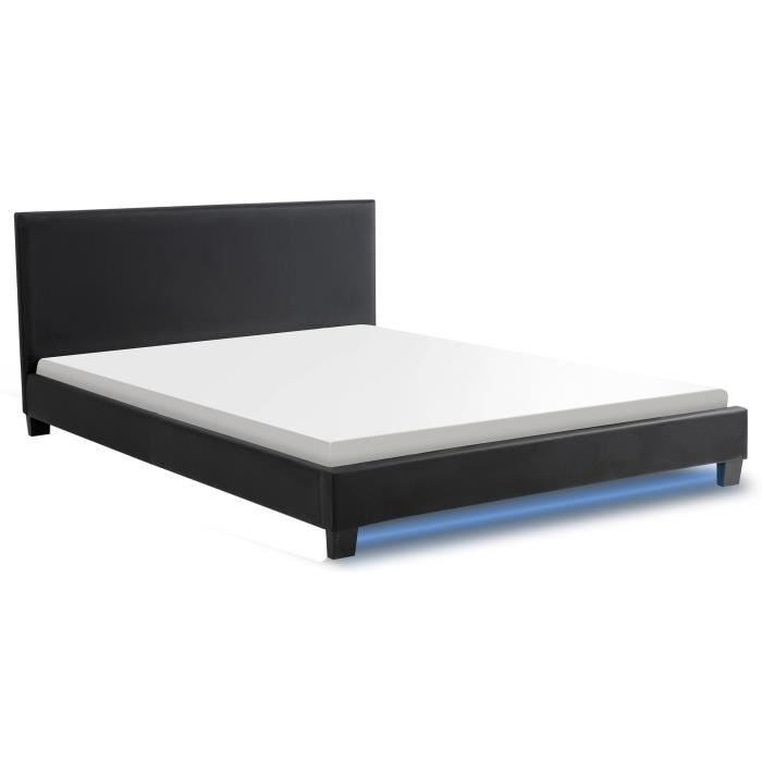 Monaco Lit Adulte Contemporain Avec Led Simili Noir Sommier Et Tete De Lit Inclus L 140 X L 190 Cm