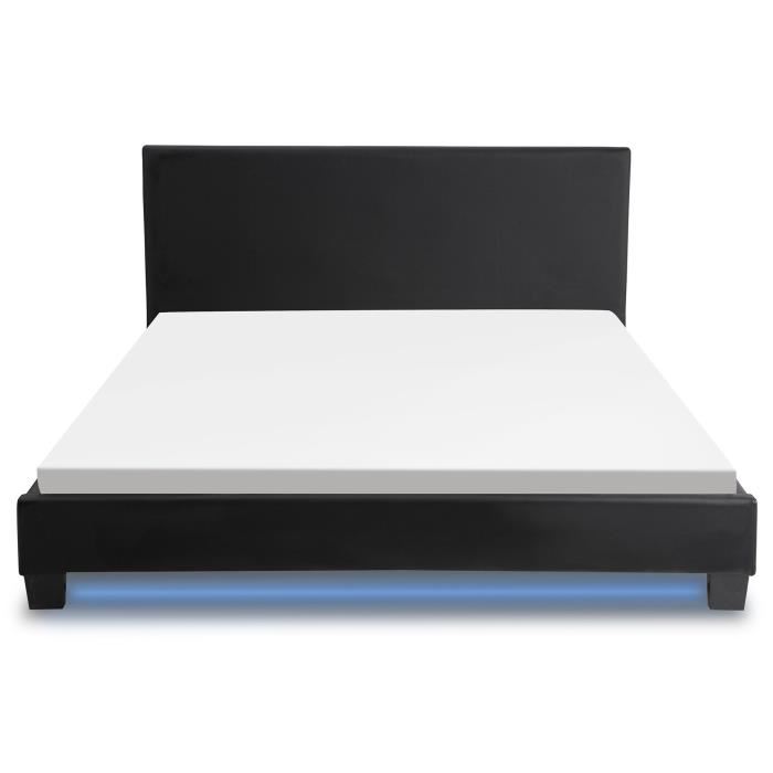 MONACO Lit adulte classique avec LED Simili noir Sommier et tete de lit inclus l 140 x L 190 cm