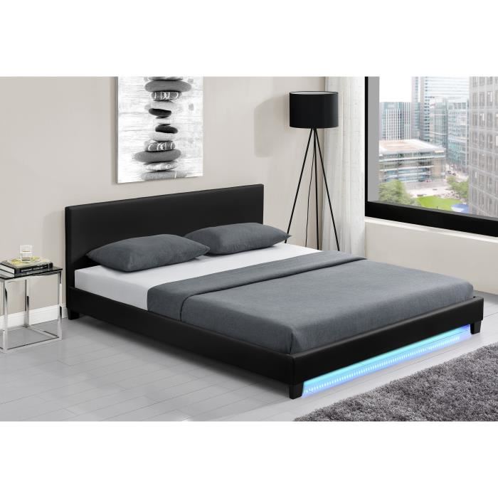 Monaco Lit Adulte Contemporain Avec Led Simili Noir Sommier Et Tete De Lit Inclus L 140 X L 190 Cm