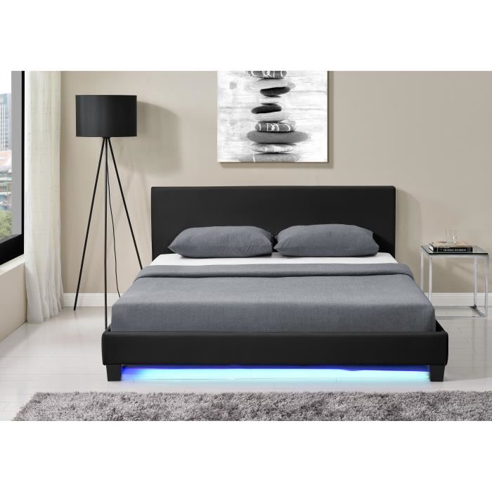 Monaco Lit Adulte Contemporain Avec Led Simili Noir Sommier Et Tete De Lit Inclus L 140 X L 190 Cm