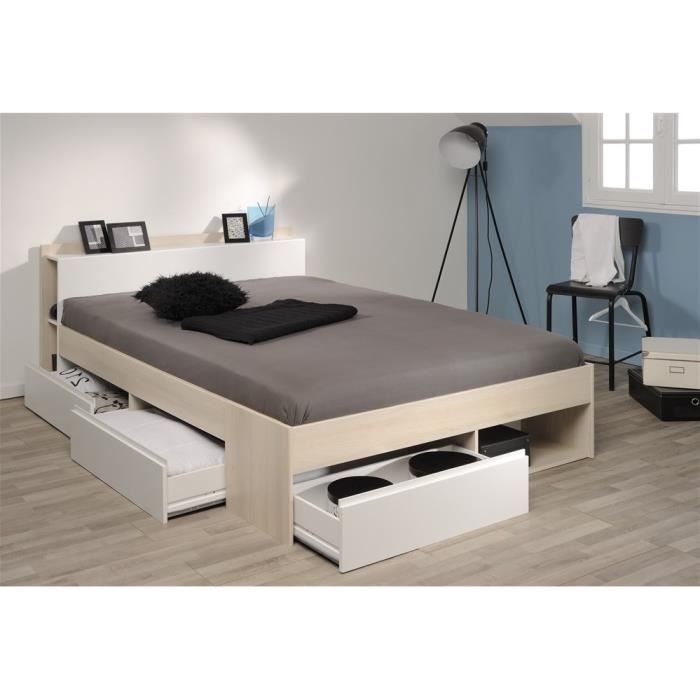 Lit DEBAR avec rangements et tiroirs modulable 140190cm ou 140200 cm Acacia et blanc