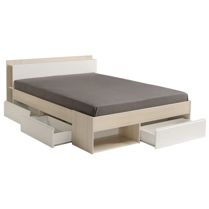 Lit Adulte Combo 140x190200 Cm Acacia Et Blanc 3 Tiroirs Parisot