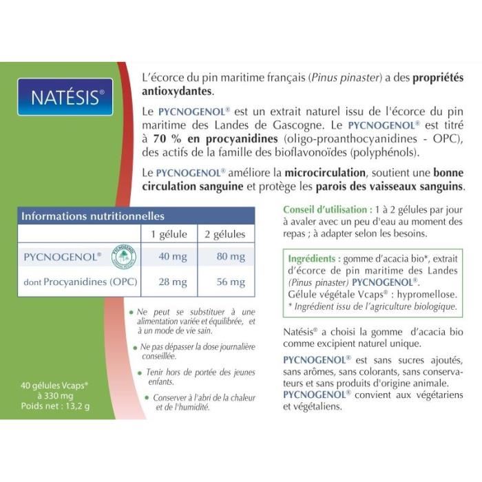 NATESIS Complement alimentaire Pycnogenol - Extrait d'ecorce de pin francais - 40 gelules - 40 mg