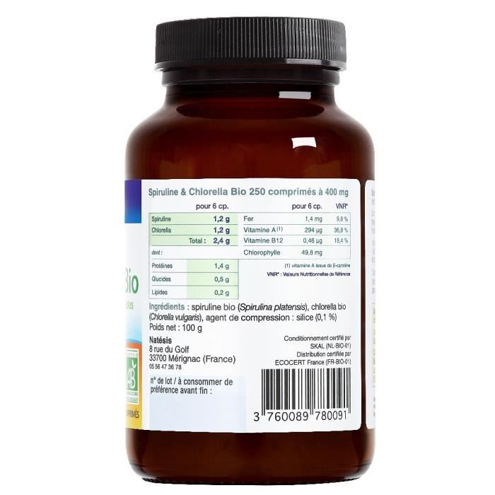NATESIS Complement alimentaire Spiruline & Chlorella 50/50 Bio - 250 comprimes - 400 mg