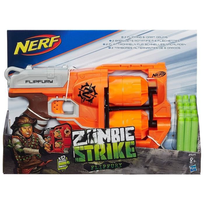 Nerf - Zombie Strike - Blaster Flipfury Avec 2 Barillets 6 Flechettes Permutables Et 12 Flechettes Nerf - Zombie Strike Elite