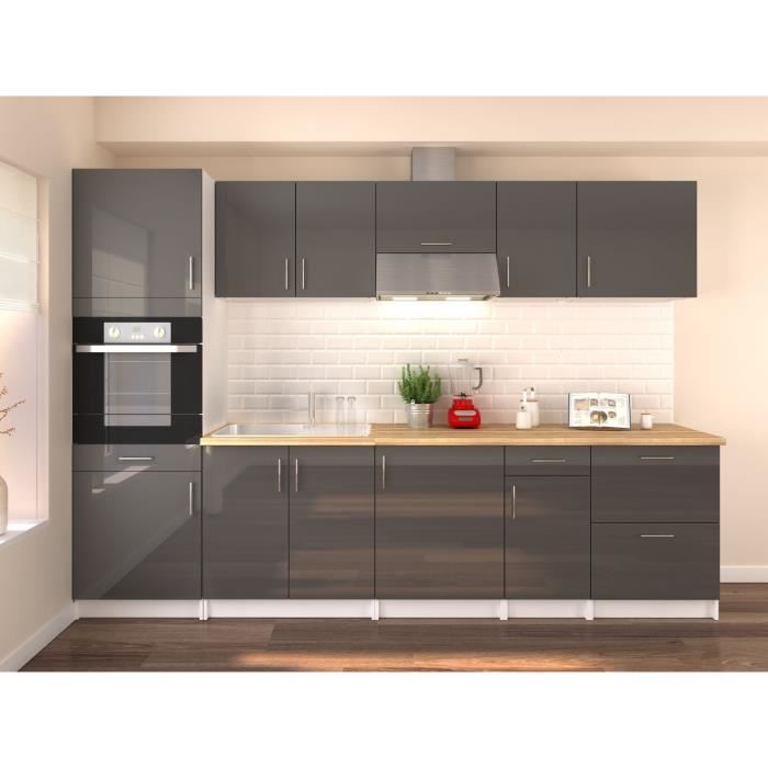 Obi Cuisine Complete L 300 Cm Avec Colonne Gris Laque Brillant