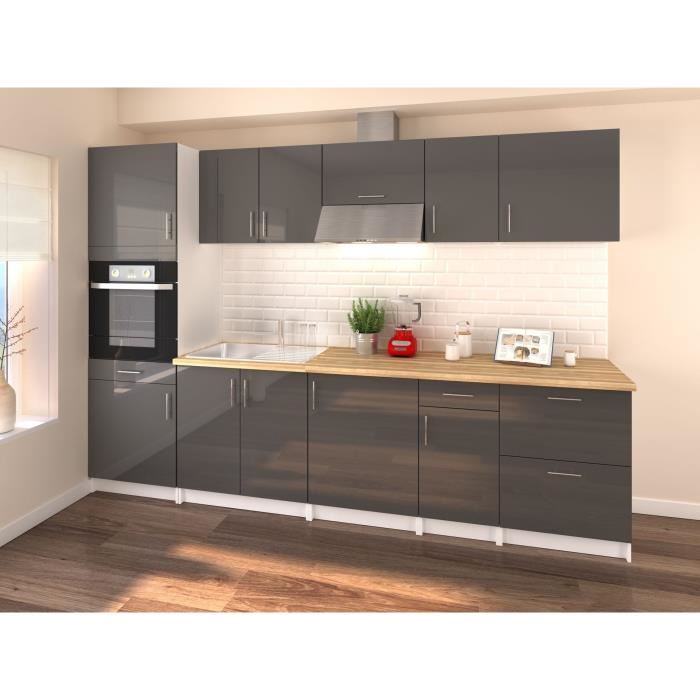 Obi Cuisine Complete L 300 Cm Avec Colonne Gris Laque Brillant