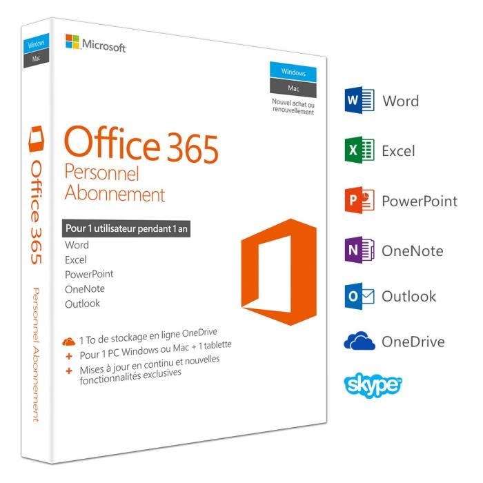 Office 365 Personnel - Inclus Les Nouveaux Logiciels Office 2016 Pour 1 Pc/mac + 1 Tablette + 1 Smartphone Pendant 1 An