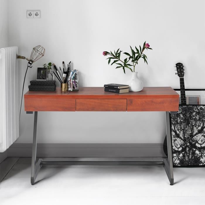 Oral Bureau Droit Contemporain En Metal Noir + Plateau Melamine Imitation Bois - L 116 Cm