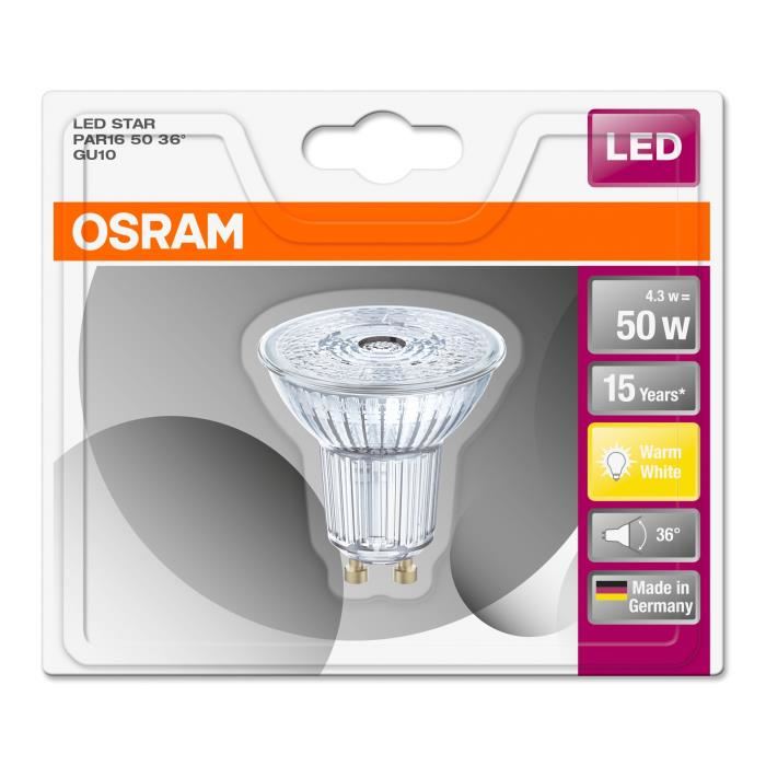 Osram-ampoule Led Reflecteur Gu10 Ø5,1cm 2700k 4.3w = 50w 36° 350 Lumens Osram