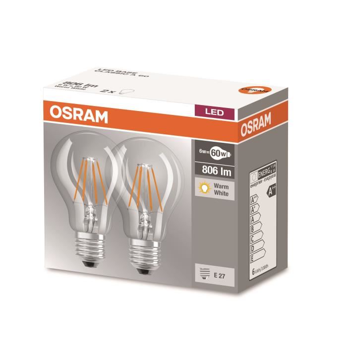 Osram Lot De 2 Ampoules Led E27 Standard Claire 6w Equivalent A 60w Blanc Chaud