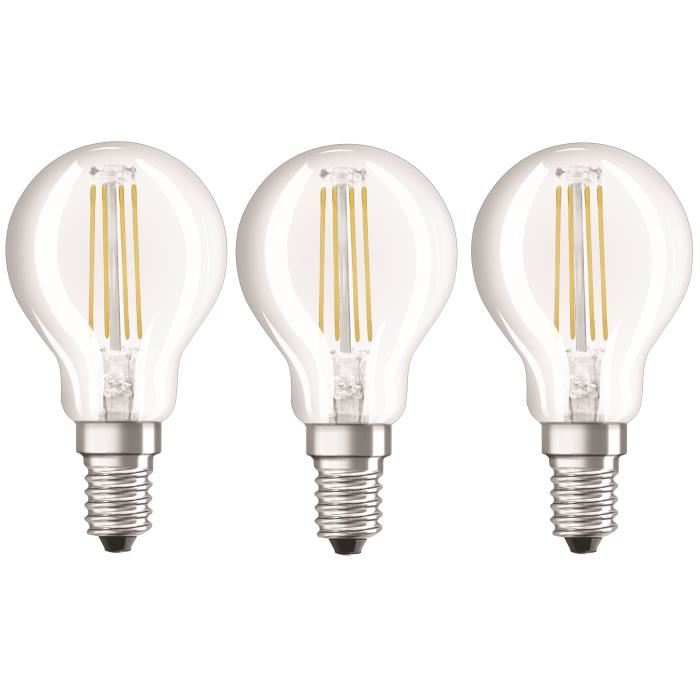 Osram Lot De 3 Ampoules Led E14 Spherique Claire 4 W Equivalent A 40 W Blanc Chaud