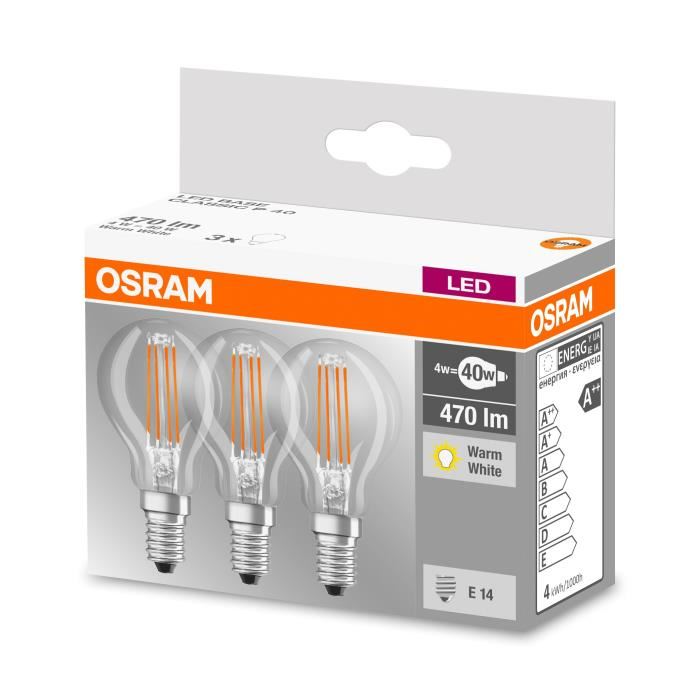 Osram Lot De 3 Ampoules Led E14 Spherique Claire 4 W Equivalent A 40 W Blanc Chaud