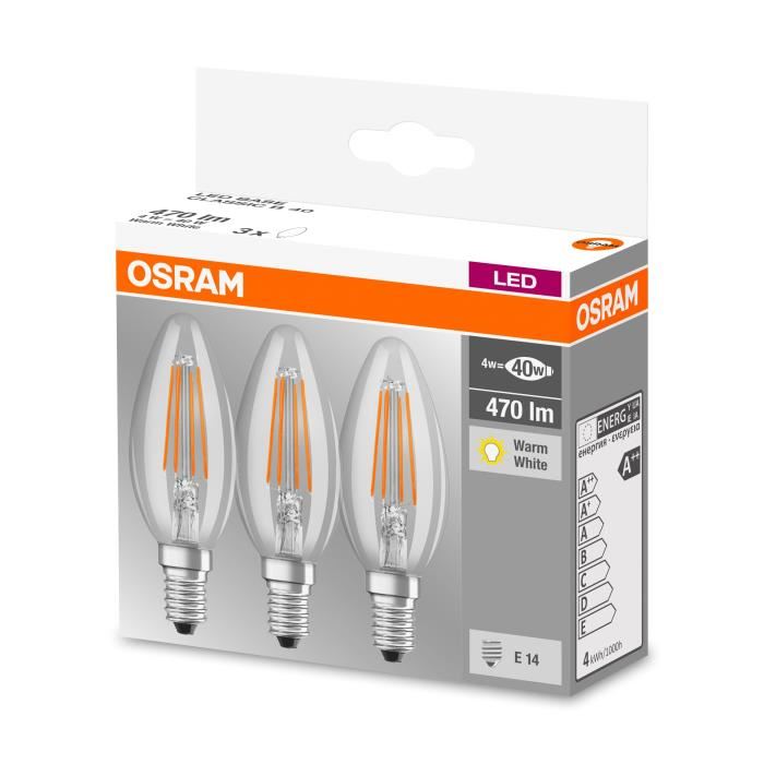Osram Lot De 3 Ampoules Led E14 Flamme Claire 4 W Equivalent A 40 W Blanc Chaud
