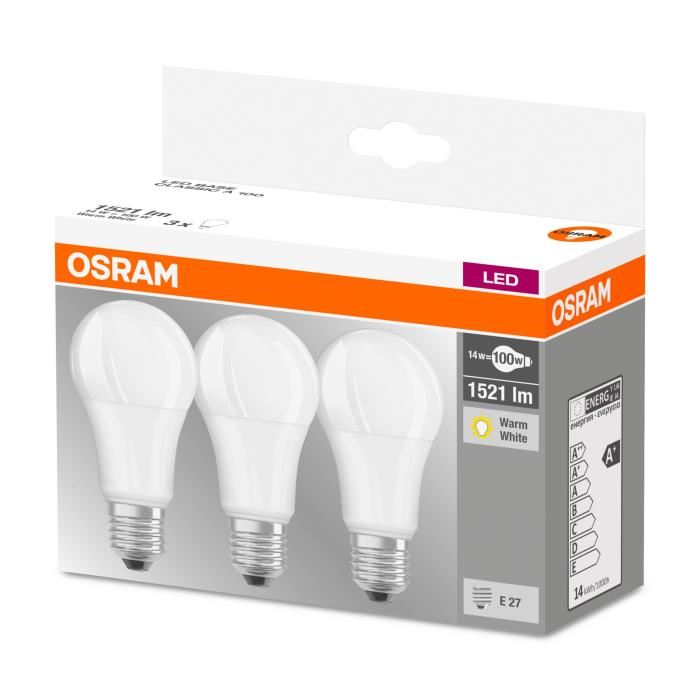 Osram Lot De 3 Ampoules Led E27 Standard Depolie 14 W Equivalent A 100 W Blanc Chaud