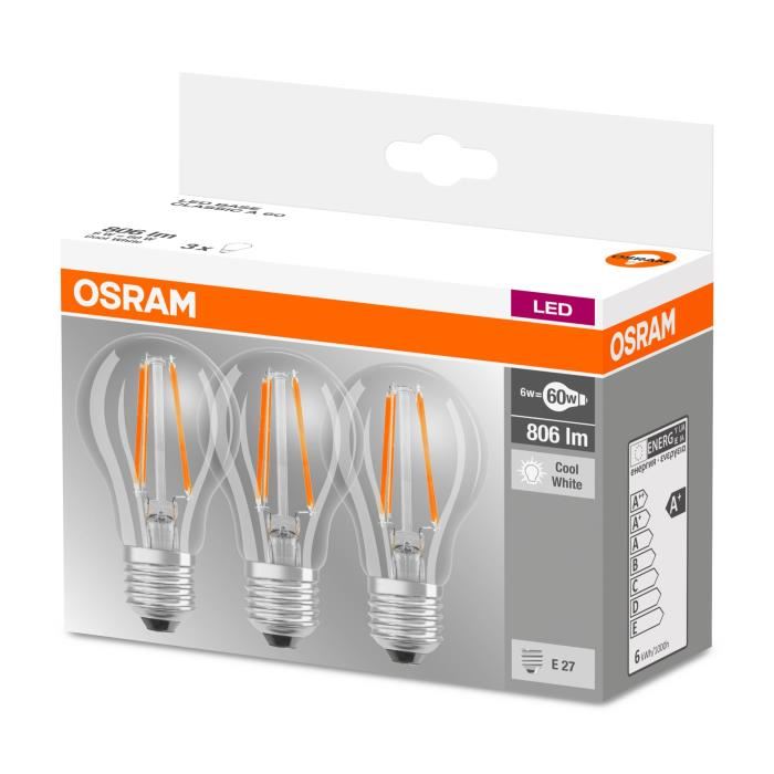 Osram Lot De 3 Ampoules Led E27 Standard Claire 65 W Equivalent A 60 W Blanc Froid