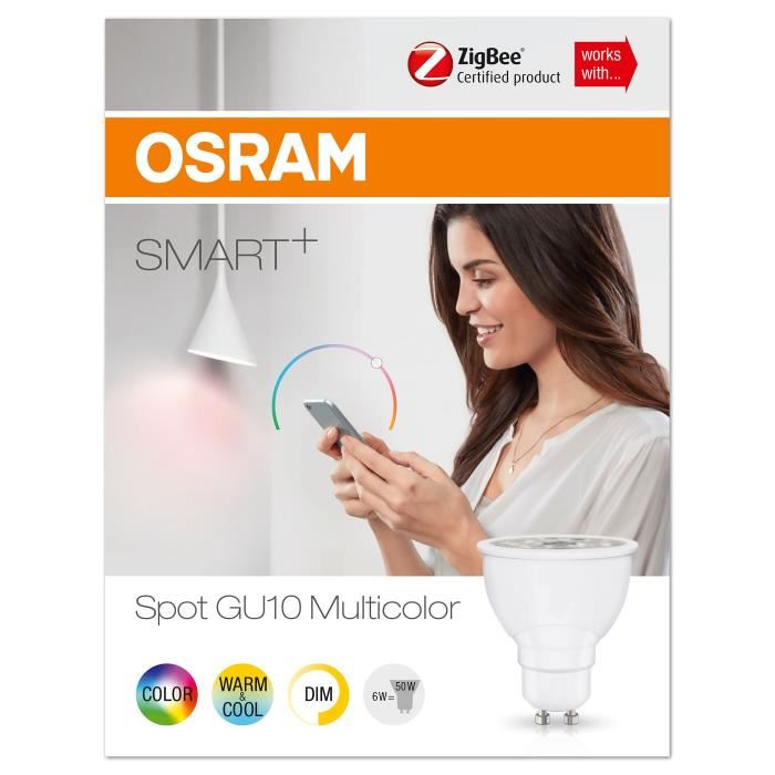 Osram Smart+ Spot Led Connectee - Gu10 Dimmable Couleurs 6w (=50w) - Pilotable Via Une Passerelle Zigbee