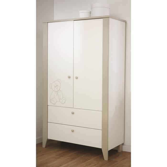 Armoire 2 Portes 2 Tiroirs Demeyere Ourson Bois Blanc Et Beige Bebe Mixte