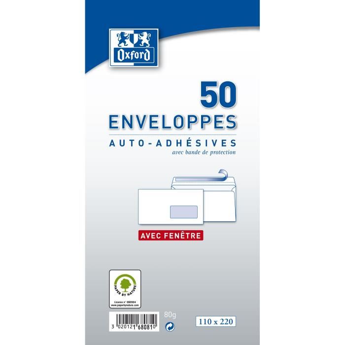 Oxford 50 Enveloppes Fenetre Auto-adhesives - 22 Cm X 11 Cm X 2,8 Cm - Blanc