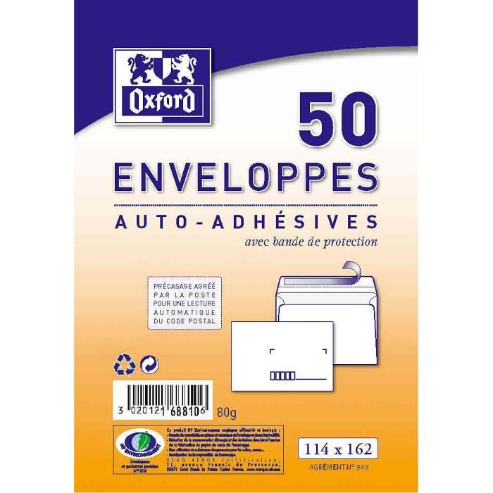 OXFORD 50 enveloppes pre casees auto adhesives 162 cm x 114 cm x 2 cm 80g