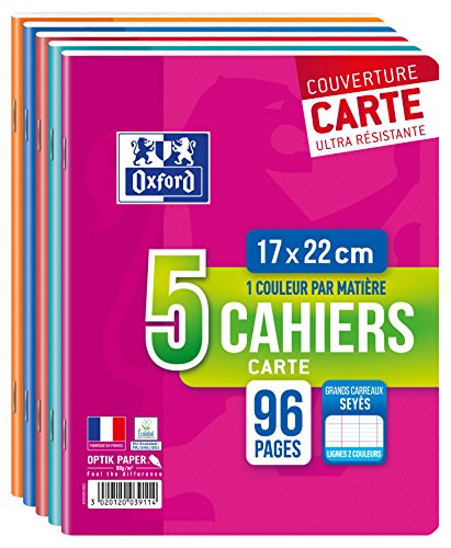Lot 5 Cahiers Carte Oxford Agrafes 96 Pages 90g Grands Carreaux Seyes 17x22 Cm