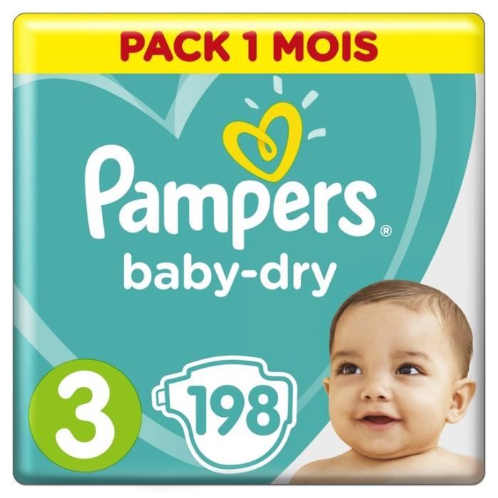 Pampers Baby Dry Taille 3 - 6 A 10 Kg - 198 Couches - Format Pack 1 Mois