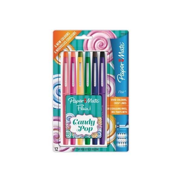 Paper Mate Flair Candy Pop 12 Feutres Assortiment De Couleurs Pointe Moyenne 07mm Sous Blister