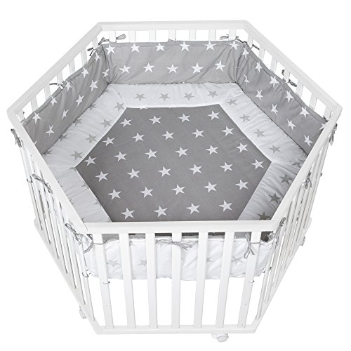 Parc Bebe Hexagonal Roba - Little Stars - Bois Laque Blanc - Tour De Parc De Protection Et 6 Roues