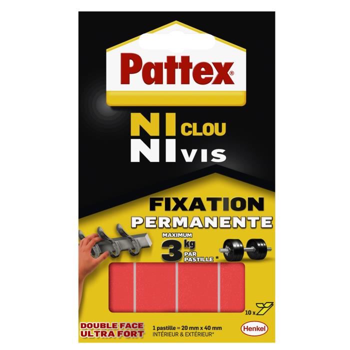 Pattex Ni Clou Ni Vis - Pastilles Fixation Permanente (10 X 20 Mm X 40 Mm) ? Pastilles Double Faces Ultra Fortes ? Pastilles Autocollantes Resistantes Jusqu'a 3 Kg