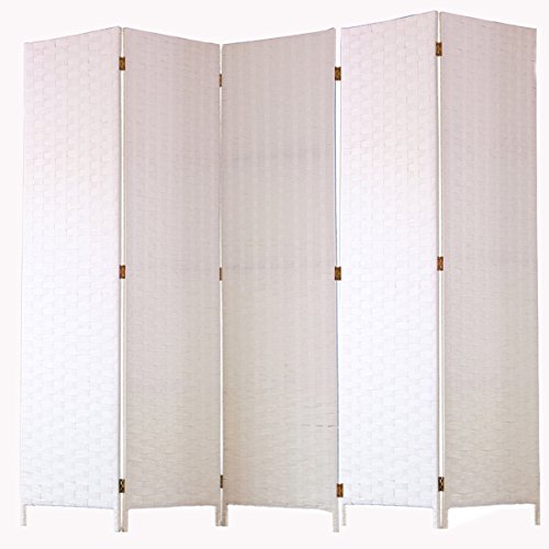 Paravent De 5 Pans Tresse En Fibres Naturelles Coloris Blanc - Dim : H180 X L225 Cm