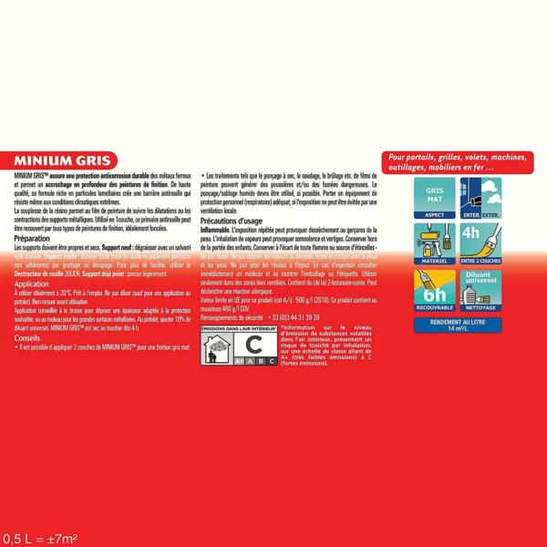 PEINTURE JULIEN MINIUM GRIS PRIMAIRE ANTIROUILLE MAT 0,5L (35h)