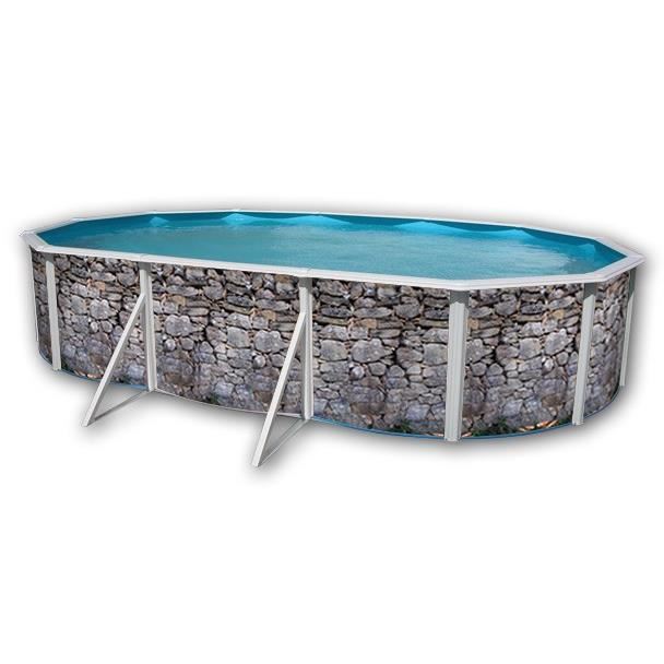 Piscine Hors Sol Ovale En Acier - Pierre Grise - 640x366x120 - Filtre A Sable - Skimmer - Échelle