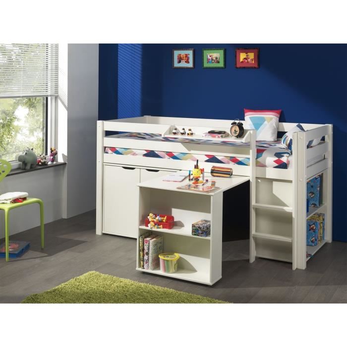 Lit mi-hauteur Charlotte avec bureau, bibliotheque et commode - blanc