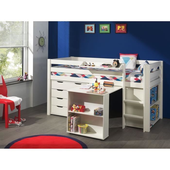 Lit mi-hauteur Charlotte avec bureau, bibliotheque et chiffonnier - blanc