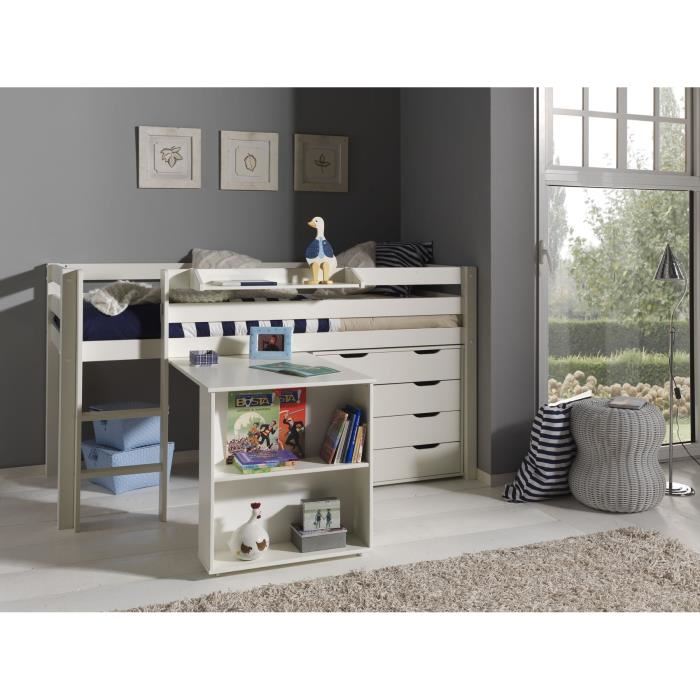 Lit mi-hauteur Charlotte avec bureau et chiffonnier - blanc
