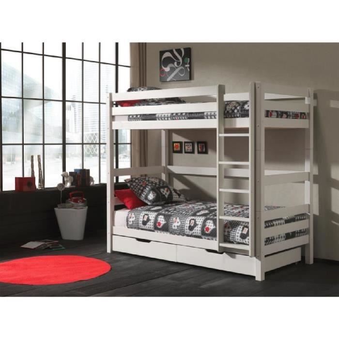 Pino Lit Superpose 180cm 2 Tiroirs 90x200 Cm Blanc