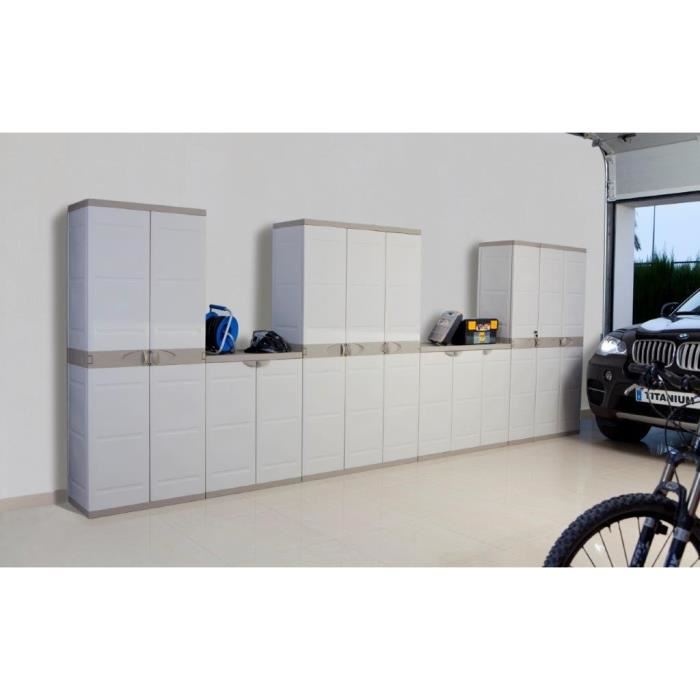 Armoire Haute De Rangement Plastiken Titanium 3 Portes Etageres Et Penderie Beige Et Taupe