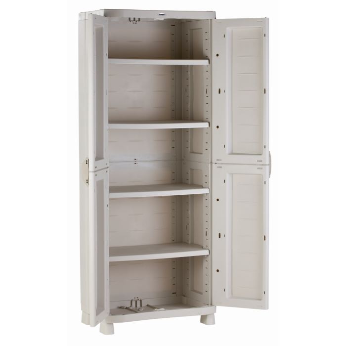 Armoire Haute De Rangement En Resine Beige Plastiken Space Saver 2 Portes Et 4 Etageres