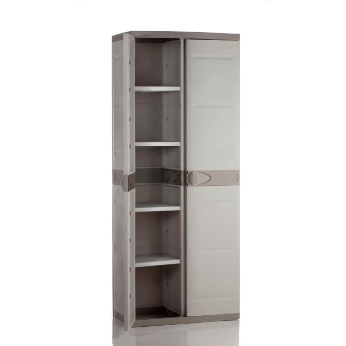 TITANIUM PLASTIKEN Armoire haute 2 portes avec etageres - 70x44x176 cm - Beige et Taupe - Gamme TITANIUM - Interieur et Exterieur