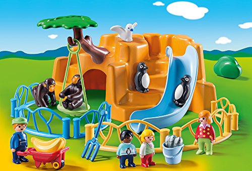 Playmobil 1.2.3 - 9377 - Parc Animalier Avec 4 Personnages, Des Animaux, Des Enclos, Une Cachette Et Un Toboggan