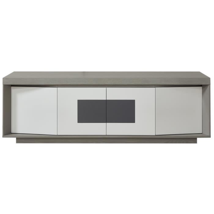 PLYMOUTH Meuble TV LED contemporain laque blanc et placage bois chene gris  en ceramique gris L 160 cm