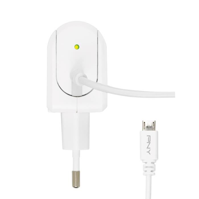 PNY Chargeur Secteur Micro USB avec cable integre pour Telephone portable Tablette 12 W Blanc