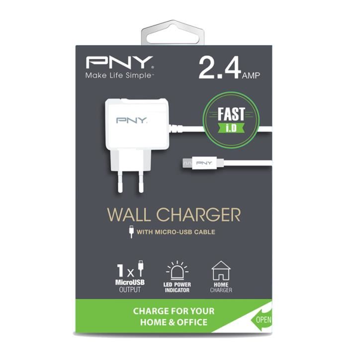 Pny Chargeur Secteur Micro Usb Avec Cable Integre Pour Telephone Portable Tablette 12 W Blanc