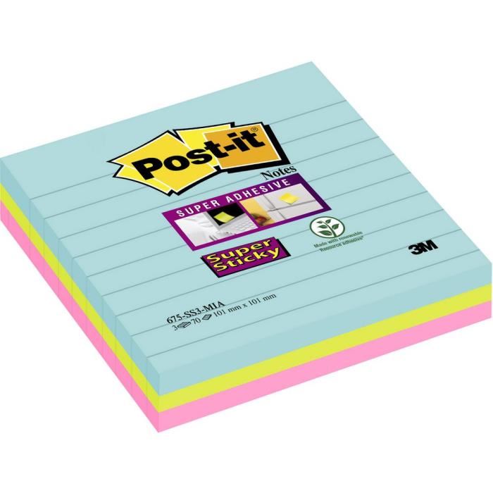 Notes Super Sticky Post-it® Grands Formats couleurs Miami 101 x 101 mm - 3 blocs