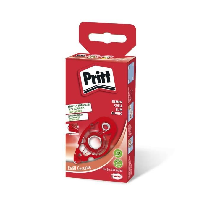 Pritt Recharge de colle permanente pour roller de colle , 16m en 8,4 mm de large Caracteristiques eco-responsable : 100% recycle, sans solvants Recharge de colle Pritt - permanente - 8,4 mm x 16 m