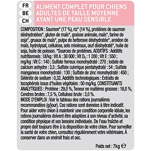 Pro Plan Sensitive Skin Avec Optiderma Croquettes - Riche En Saumon - Pour Chiens Adultes De Taille Moyenne - 7 Kg