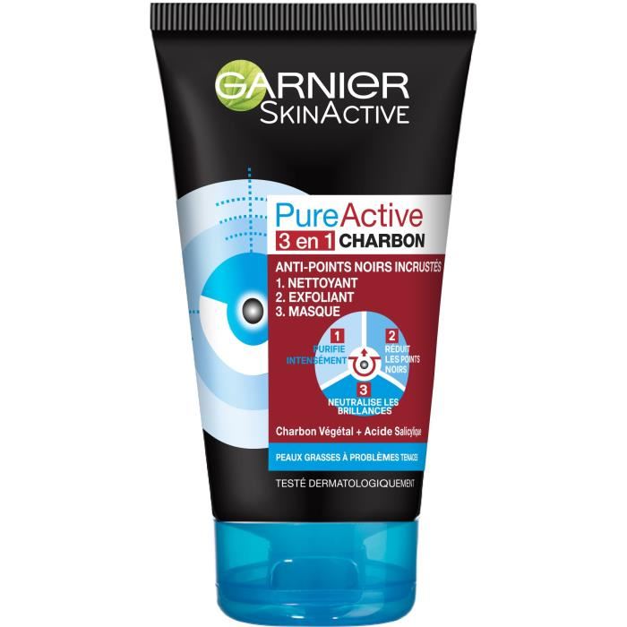 Garnier Pureactive Nettoyant Et Masque Anti-points Noirs 3en1 Au Charbon 150 Ml - Tube 150 Ml