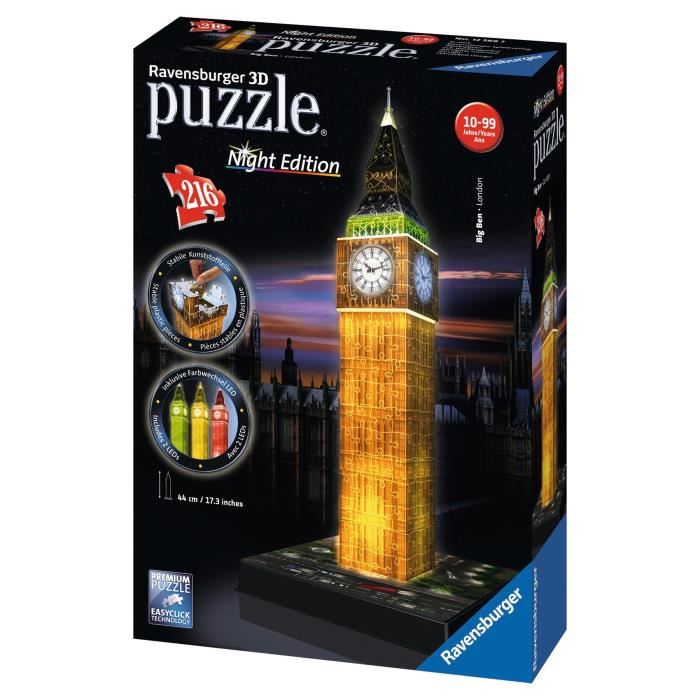 Puzzle 3d Big Ben Illumine - Ravensburger - Monument 216 Pieces - Sans Colle - Avec Leds Couleur - Des 8 Ans