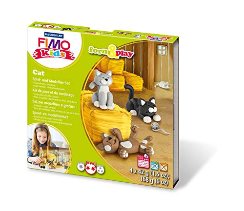 Kit Fimo Kids Chat - Staedtler - Set De Pate A Modeler - 4 Pains Assortis + Outil De Modelage + Decor